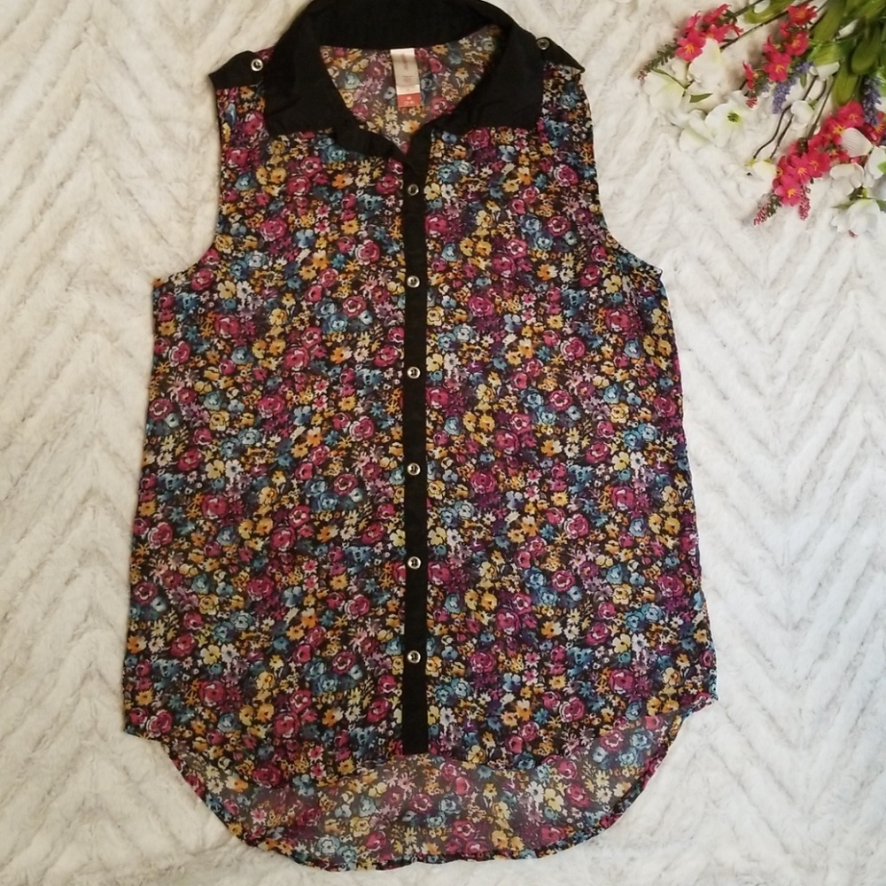 Sheer Sleeveless Floral Button Up Blouse
